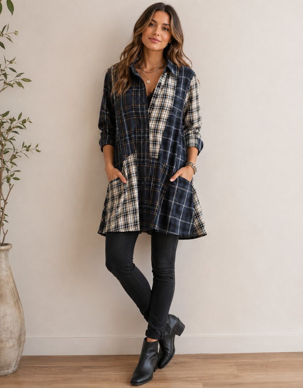 Women’s Plaid Patchwork Flannel Shirt Dress Size L Pockets